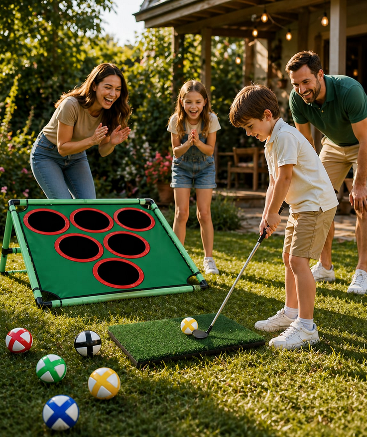 Golfiasty Pro – rodzina podczas gry w ogrodzie